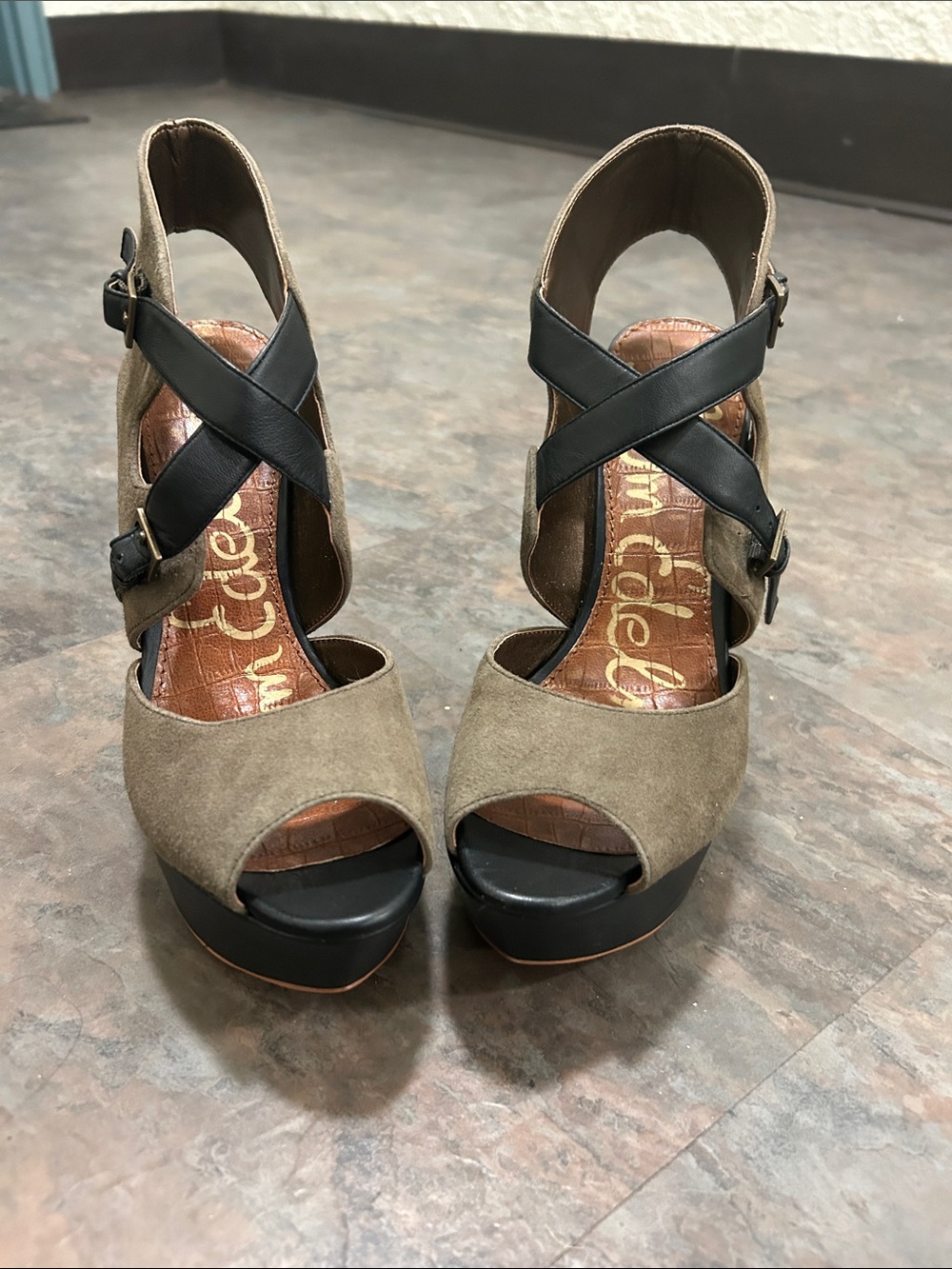 Sam Edelman Tan & Black Leather Suede Platform Heels Size 8 BRAND NEW BOX Size 8 - Picture 15 of 16